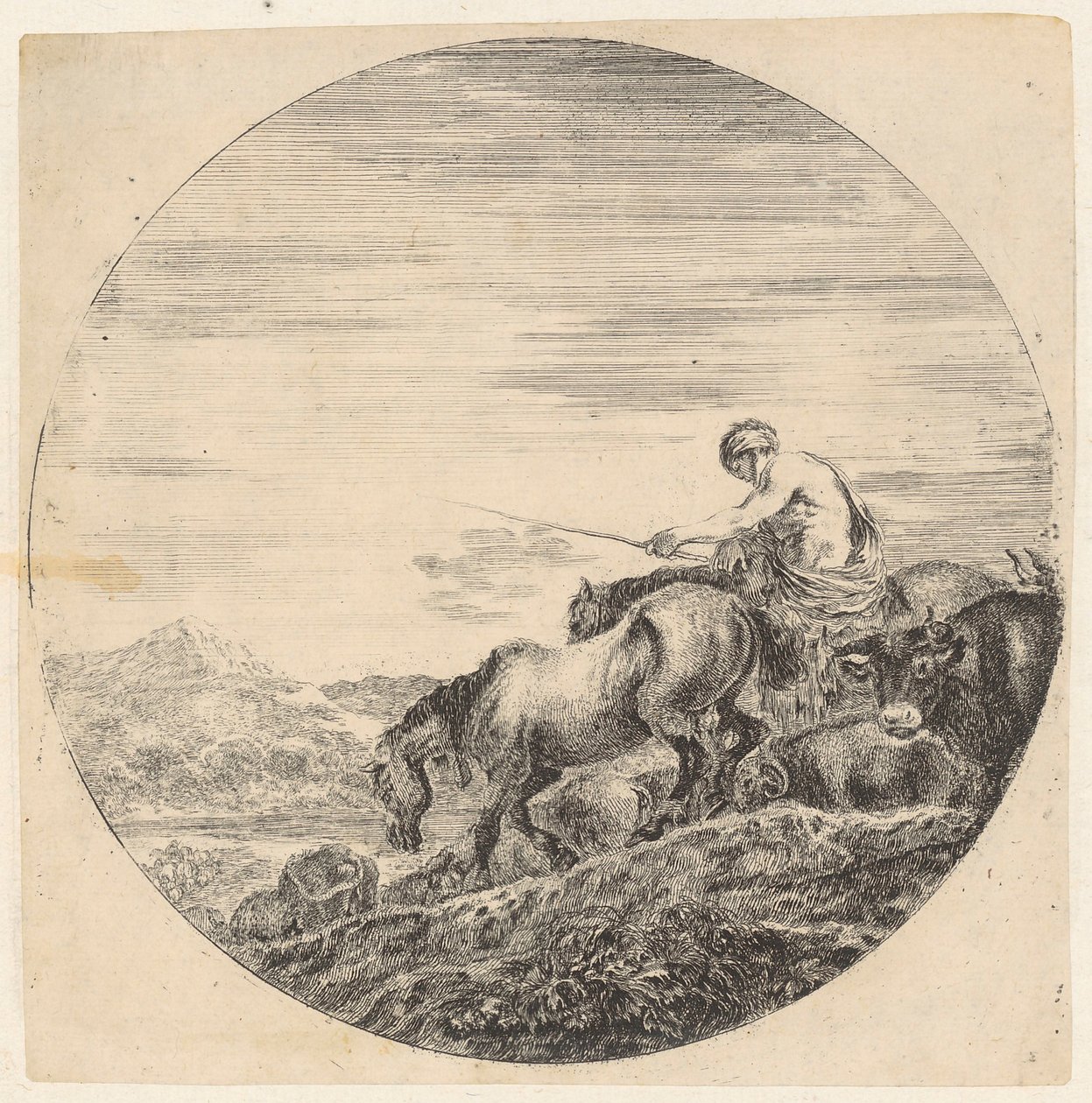Farmer Driving His Animals to the Left Towards the River by Stefano della Bella