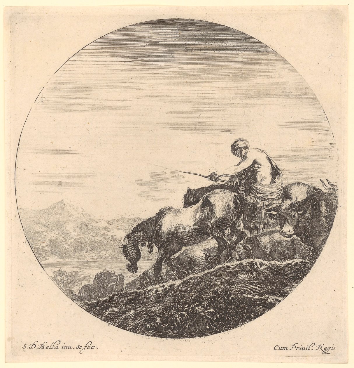 Farmer Drives His Animals to the Left Towards the River, Plate 2 of the Series "Six Animal Motifs in Round Representation" by Stefano della Bella