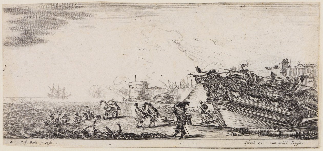 Loading of Various Ships: People in Strong Wind at the Pier, Right Bow of a Ship by Stefano della Bella