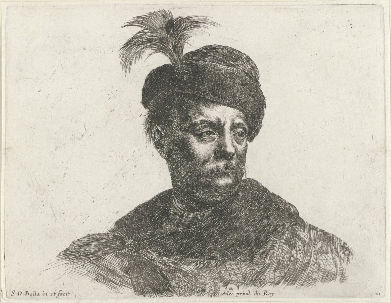 Bust of a Polish Man with Mustache and Plumed Hat by Stefano della Bella
