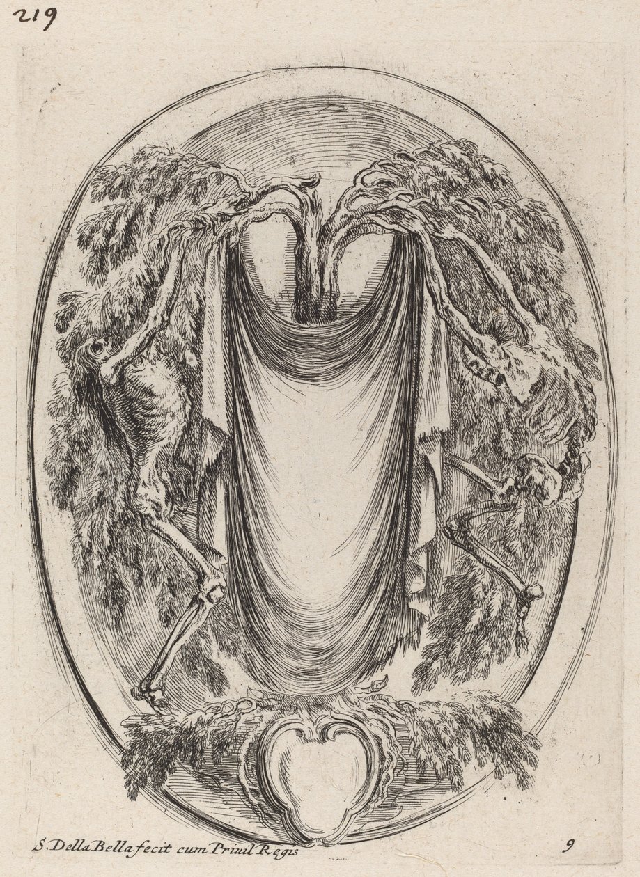 Cartouche in the Form of a Drape Suspended from a Cypress Flanked by Skeletons by Stefano della Bella