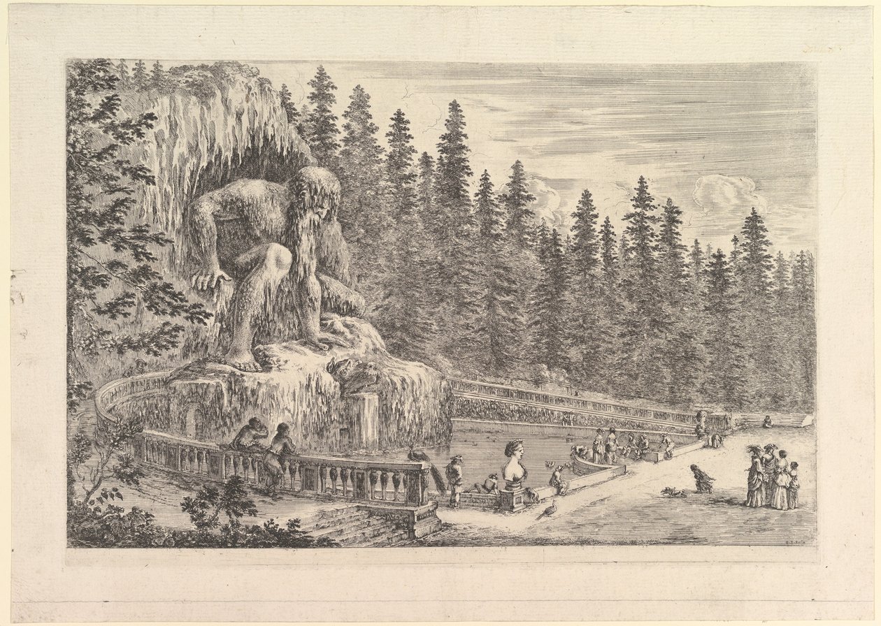 Colossal Statue of the Appenino by Giambologna to Left, Represented as a Giant Crouching by Stefano della Bella