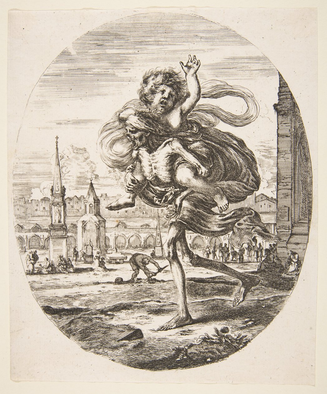 Death carrying a child, from The five deaths by Stefano della Bella
