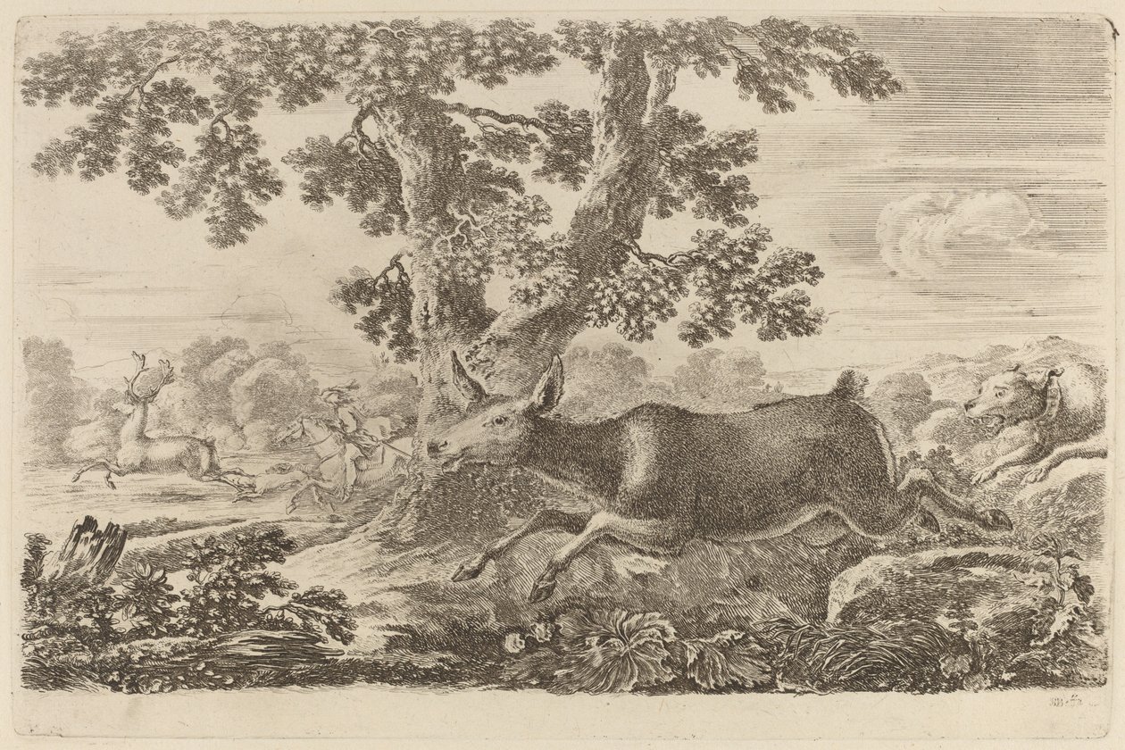 Deer Chased by a Dog to the Right by Stefano della Bella