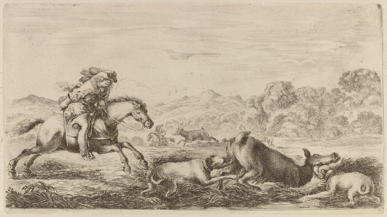 Doe in a Marsh Attacked by Two Dogs by Stefano della Bella