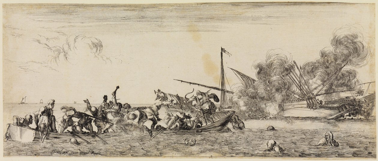 Peace and War: Sea Battle with Rowboat in the Foreground by Stefano della Bella