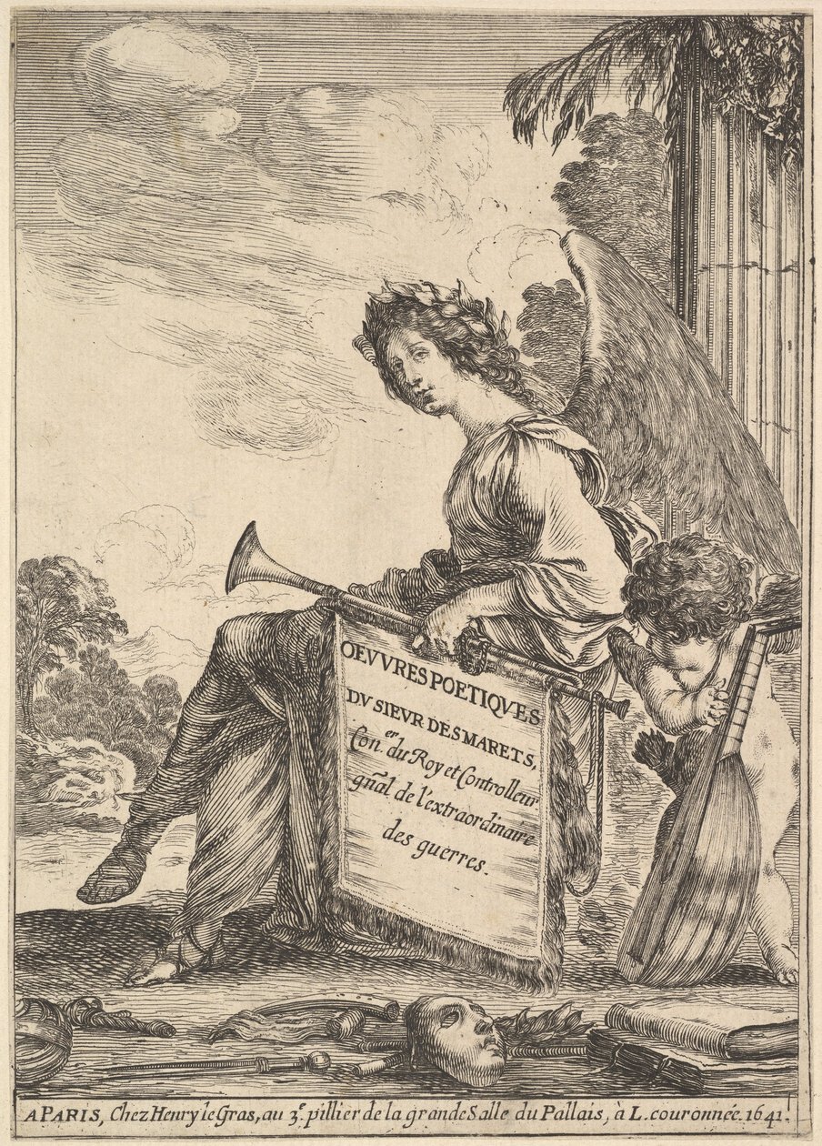 Frontispiece for Poems by Desmarets: a winged woman rep by Stefano della Bella