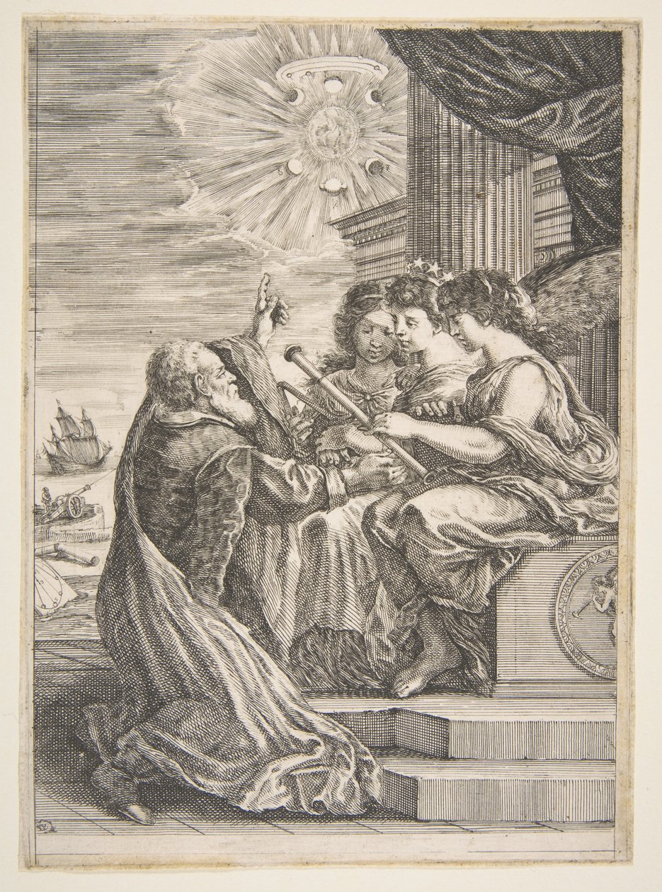Galileo and Personifications of Astronomy, Perspective and Mathematics, Frontispiece by Stefano della Bella