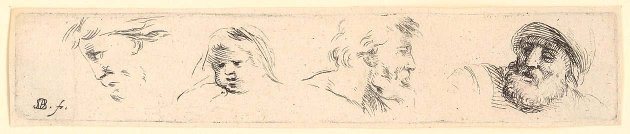 Head Studies of Three Bearded Men, Right with Helmet, and a Child by Stefano della Bella