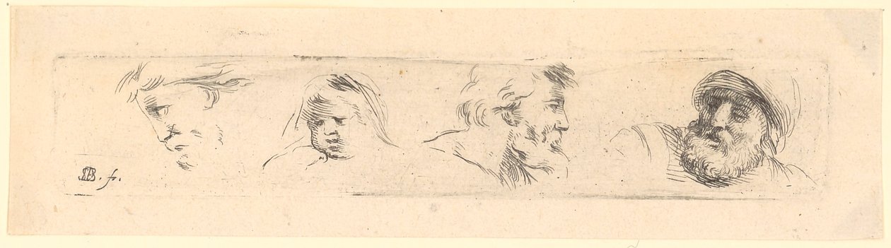 Head Studies of Three Bearded Men, Right with Helmet, and a Child by Stefano della Bella