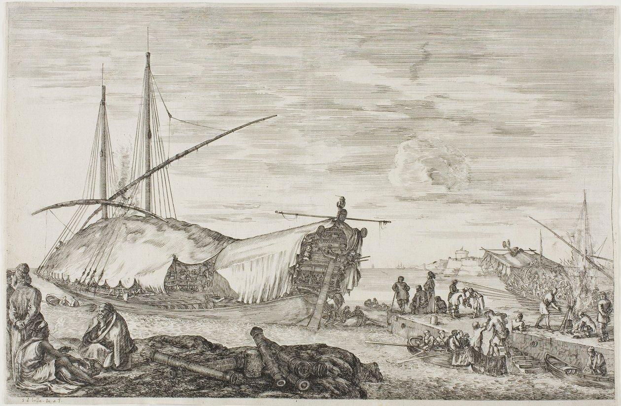 La galère dont le pont est couvert de voiles by Stefano della Bella