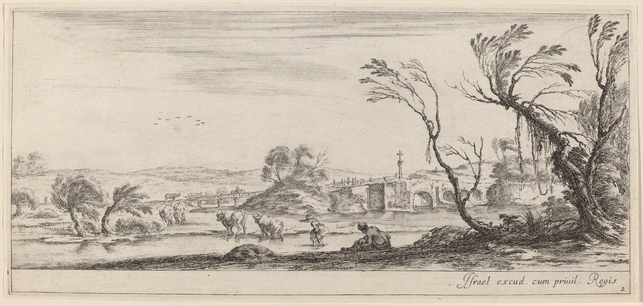 Landscape with Peasant Preparing to Cross a Stream, in or before 1647 by Stefano della Bella