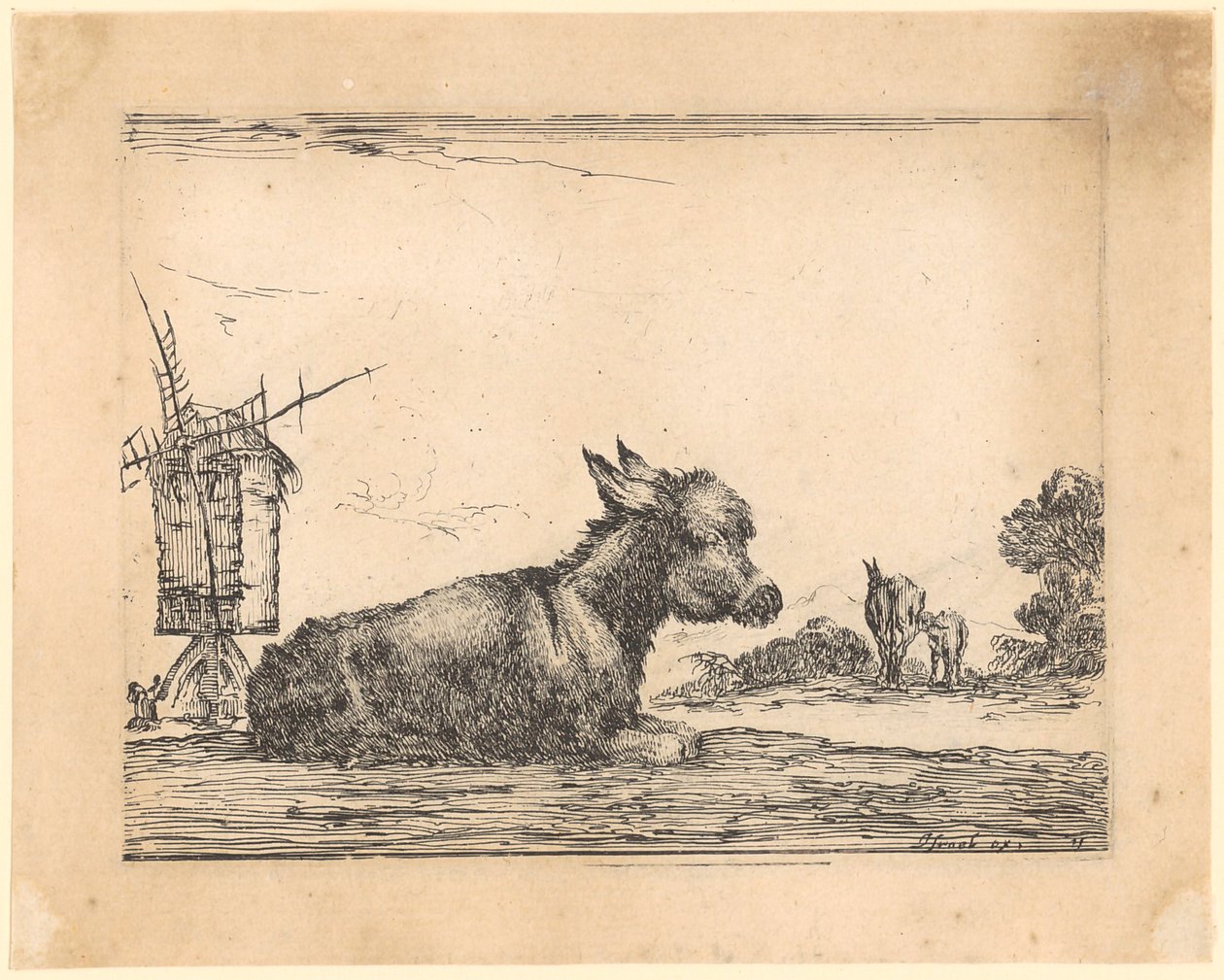 Lying Donkey by a Windmill by Stefano della Bella