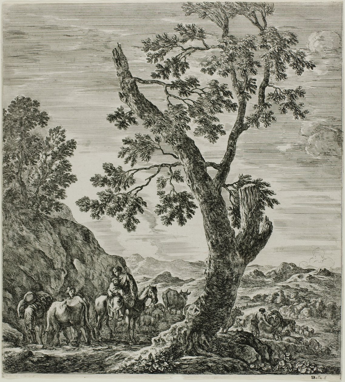 Mounted Peasant with a Child in Her Arms, Plate Six from The Six Large Views of Rome and the Campagna by Stefano della Bella