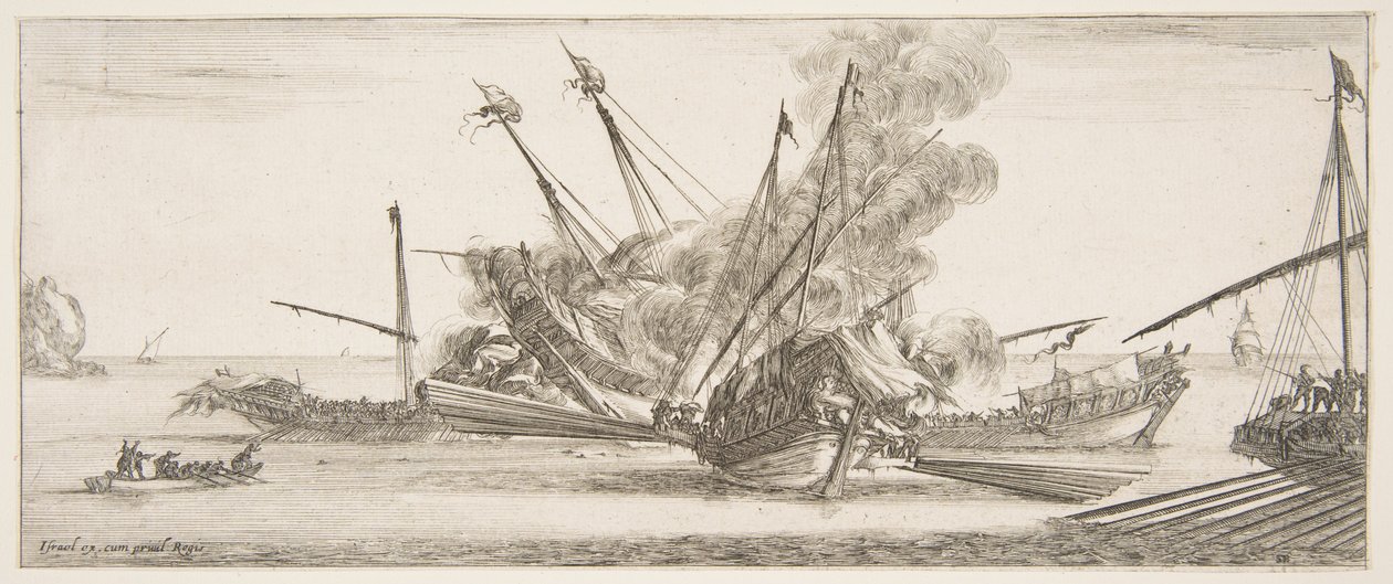 Naval combat, a ship at center, seen from behind, firing at four enemy ships by Stefano della Bella