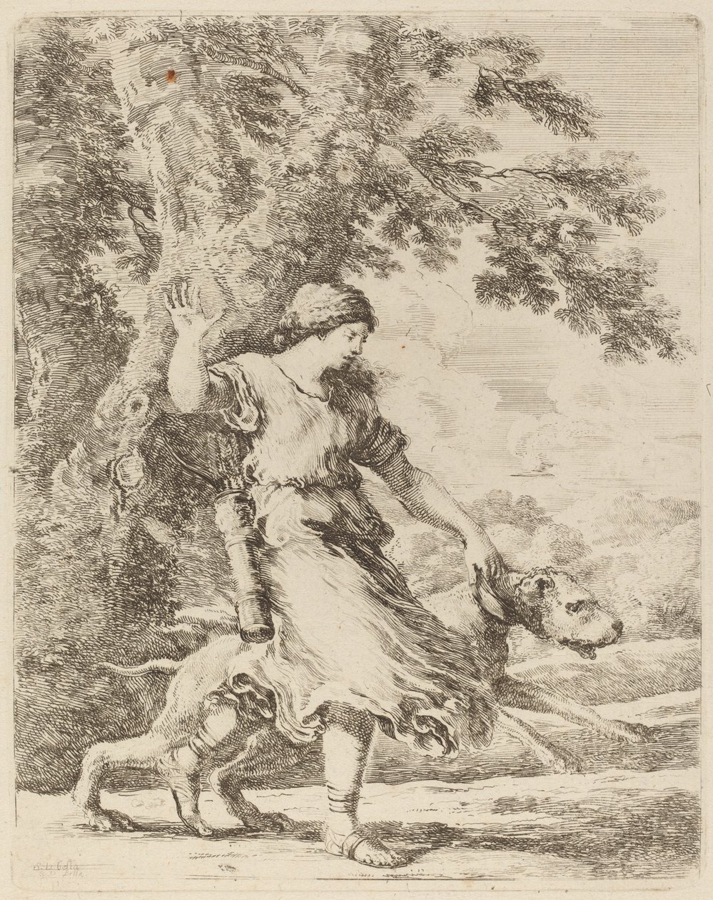 Nymph Holding a Large Dog by a Collar by Stefano della Bella