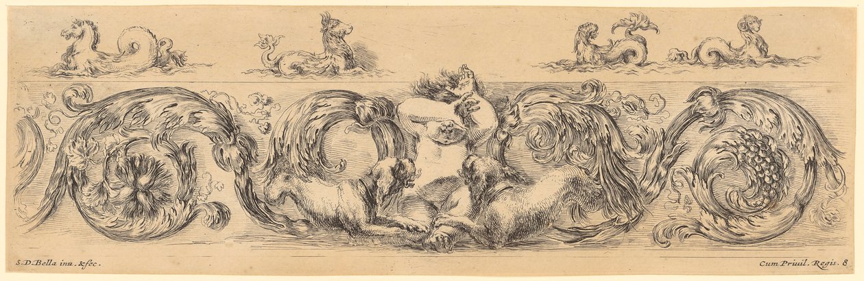 Ornamental Frieze with Naked Child in the Center, Flanked by Two Dogs Facing Him, Above Four Mythological Sea Creatures by Stefano della Bella