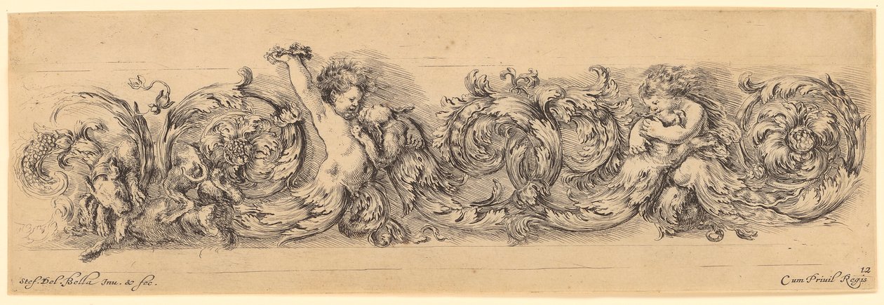 Ornamental Frieze with Two Children Playing with a Dog in the Center, Two Playing Dogs on the Left by Stefano della Bella