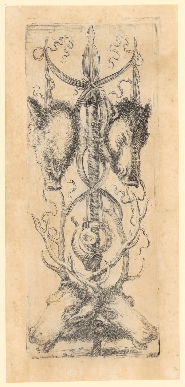 Ornamental Panel with Two Boar Heads at the Top, Two Deer Heads at the Bottom, and a Horn in the Middle, Plate 8 from the Series "Ornaments or Grotesques" by Stefano della Bella