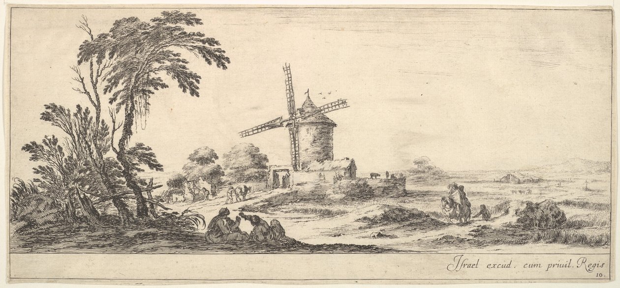 Plate 10: a family in center foreground, various figures and horses in middleground by Stefano della Bella