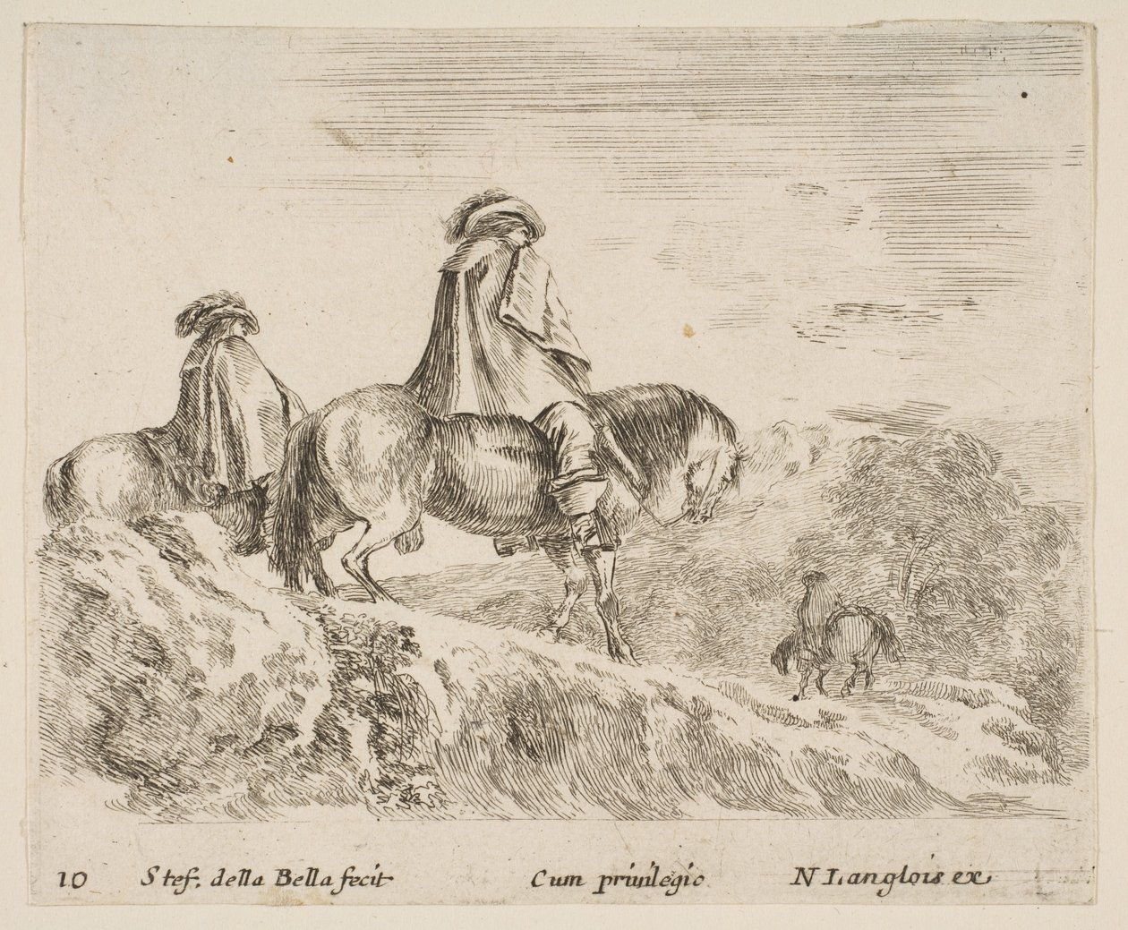Plate 10: Two Horsemen Descending a Mountain at Left, Another Horseman to Right in ... by Stefano della Bella