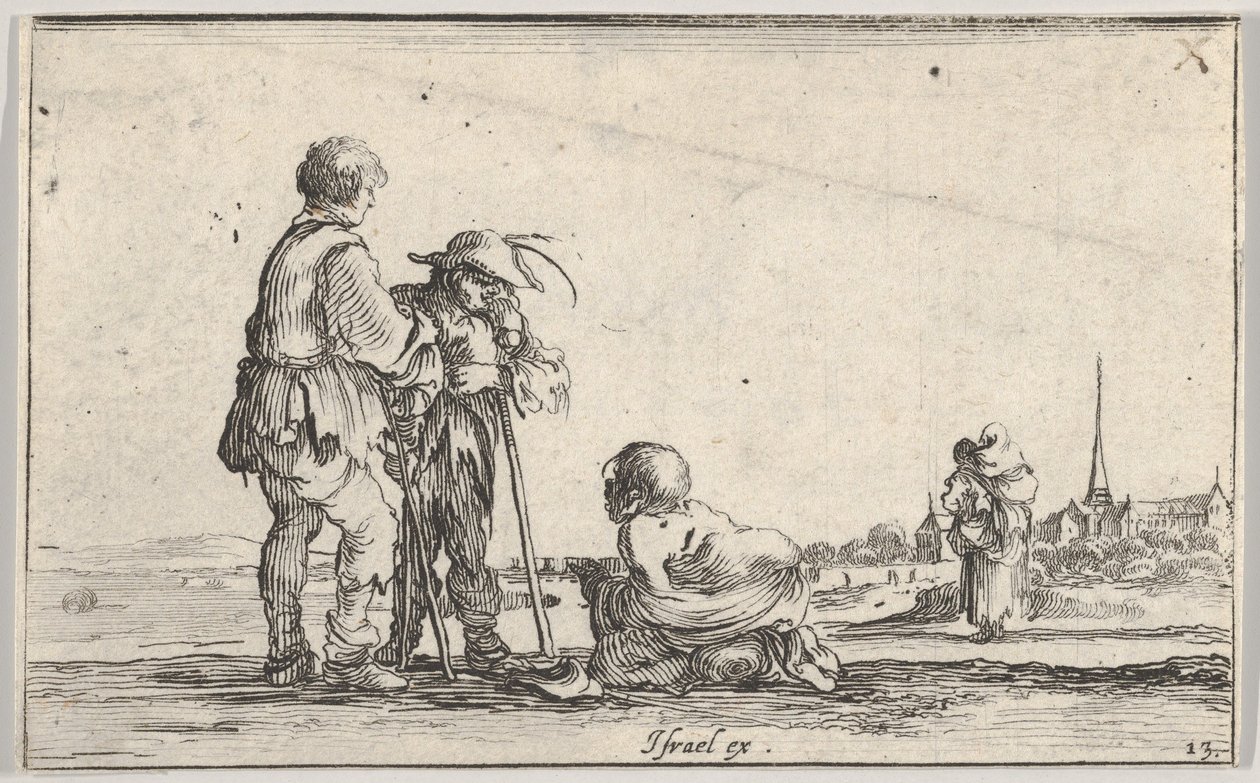 Plate 13: Two Peasants Standing to Left, a Cripple Kneeling on the Ground in Center by Stefano della Bella