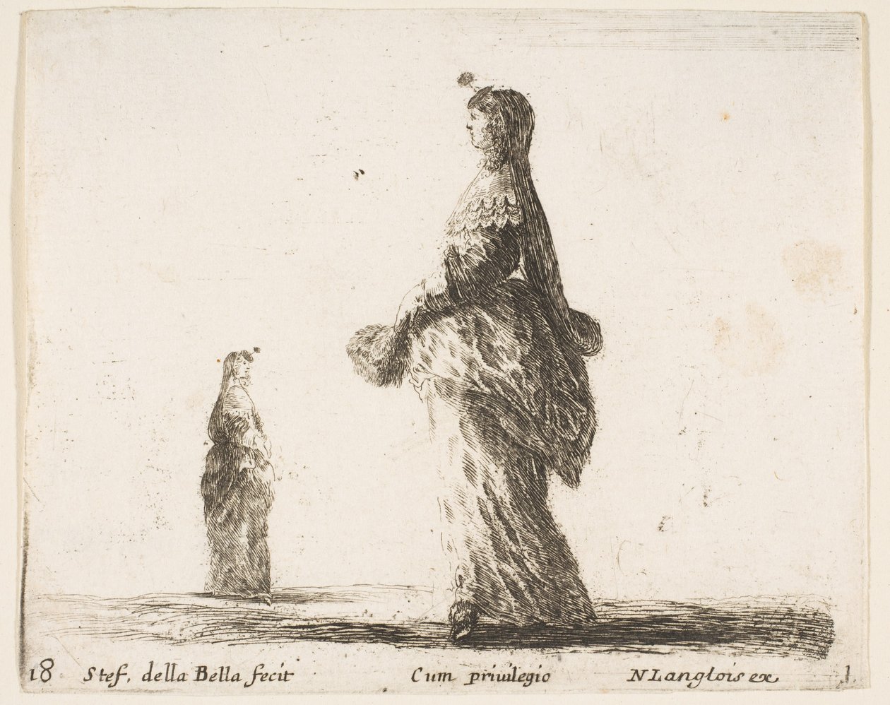 Plate 18: a noblewoman walking towards the left with a feathered fan, another woman by Stefano della Bella