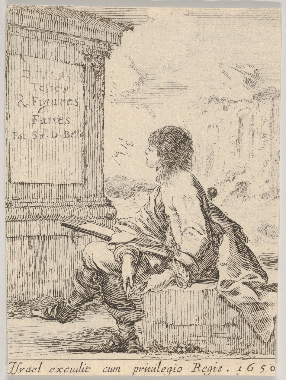 Plate 1: a young man sitting on a stone, facing left in profile, holding a drawing pad by Stefano della Bella