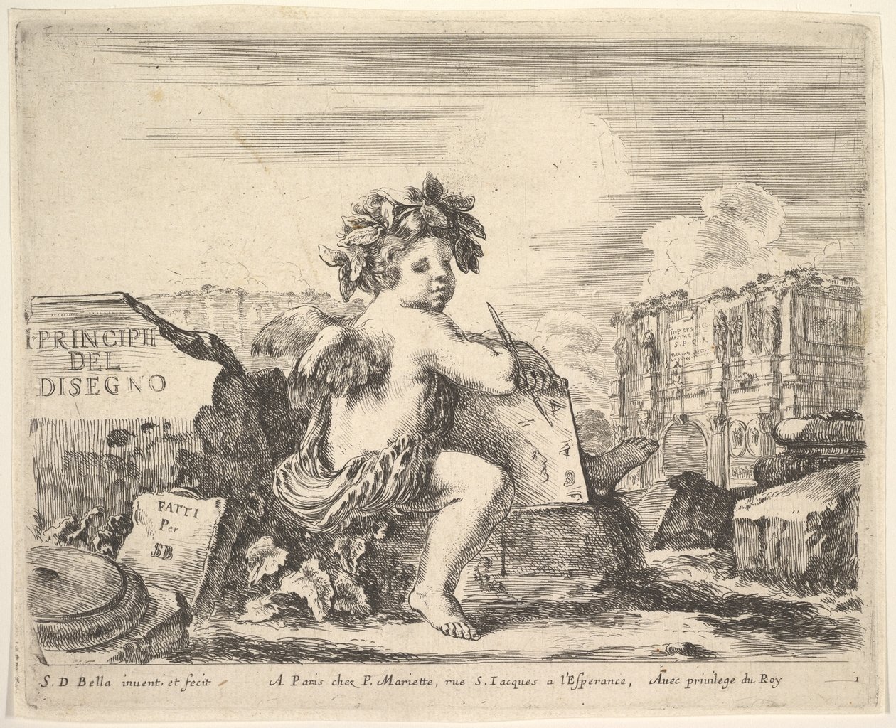 Plate 1: the genius of drawing, a child with wings, seated on a rock in center turned to the left by Stefano della Bella