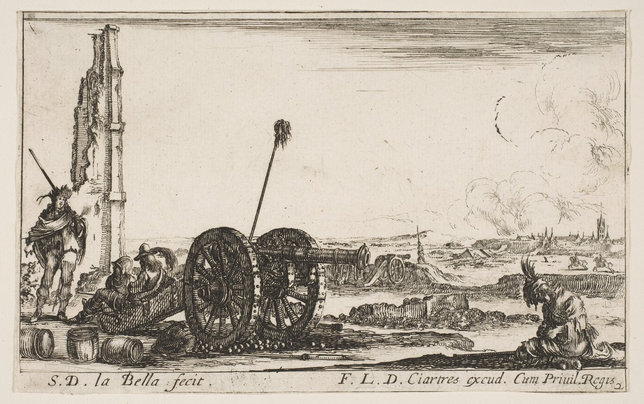 Plate 2: A cannon to the left, a town in the background, from Various Military Capric by Stefano della Bella
