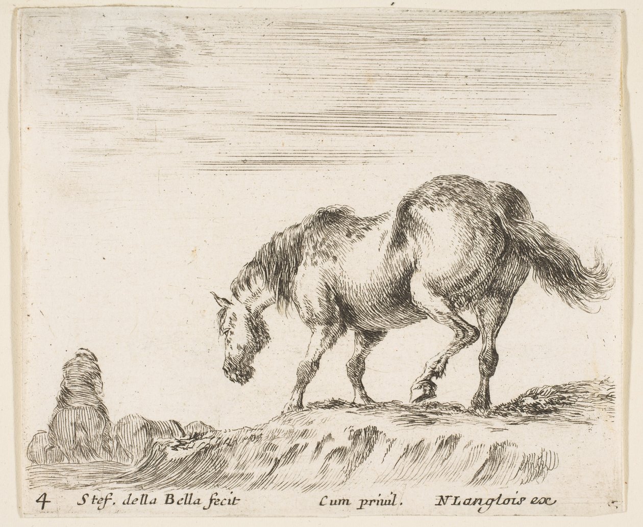 Plate 4: a horse in profile facing the left, about to descend from a mound, a horse..., ca. 1644-47 by Stefano della Bella