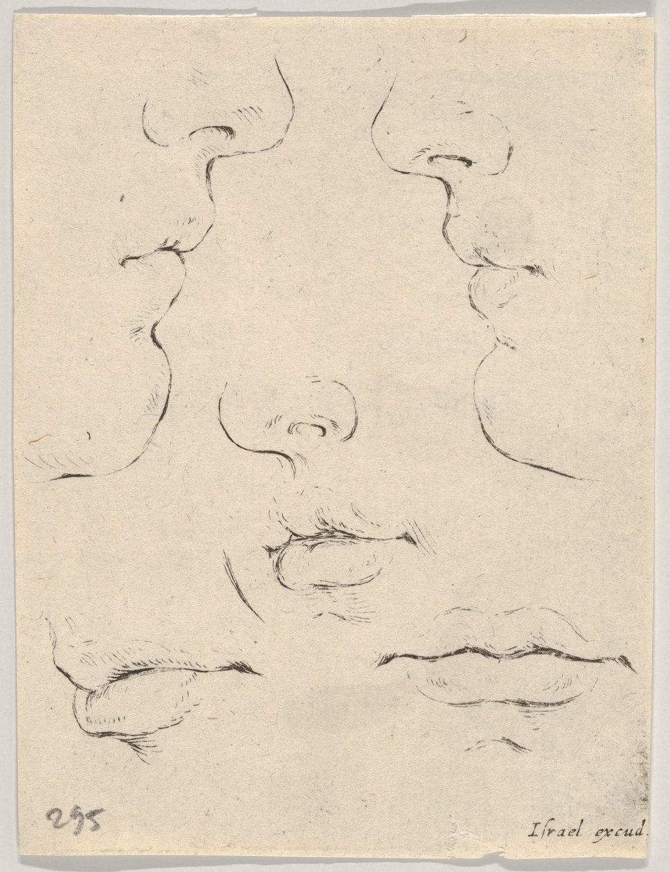 Plate 4: two profiles and three mouths, from The Book for Learning to Draw, ca. 1649 by Stefano della Bella