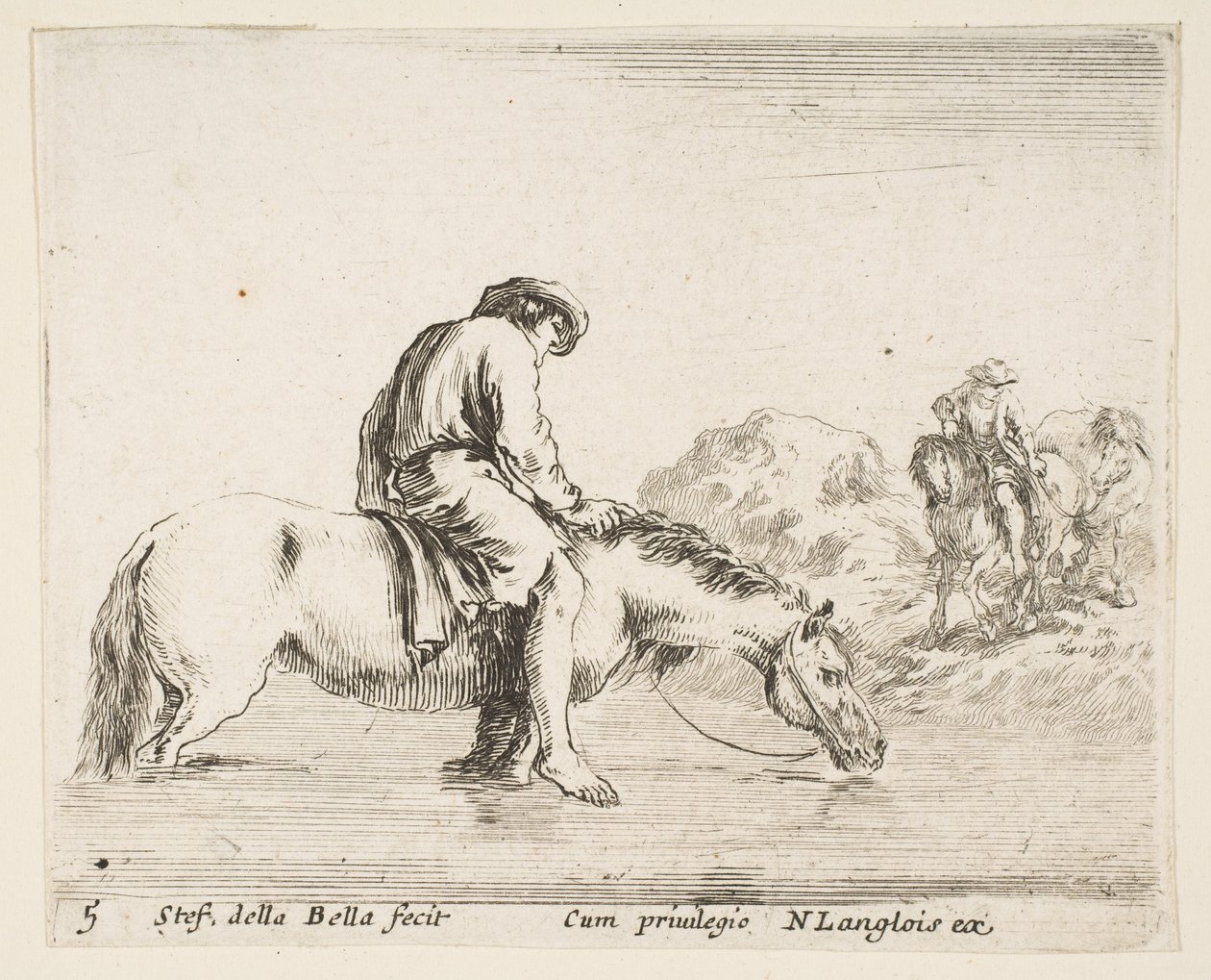 Plate 5: A Barefoot Peasant on Horseback Crossing a River, Another Peasant on Horse... by Stefano della Bella