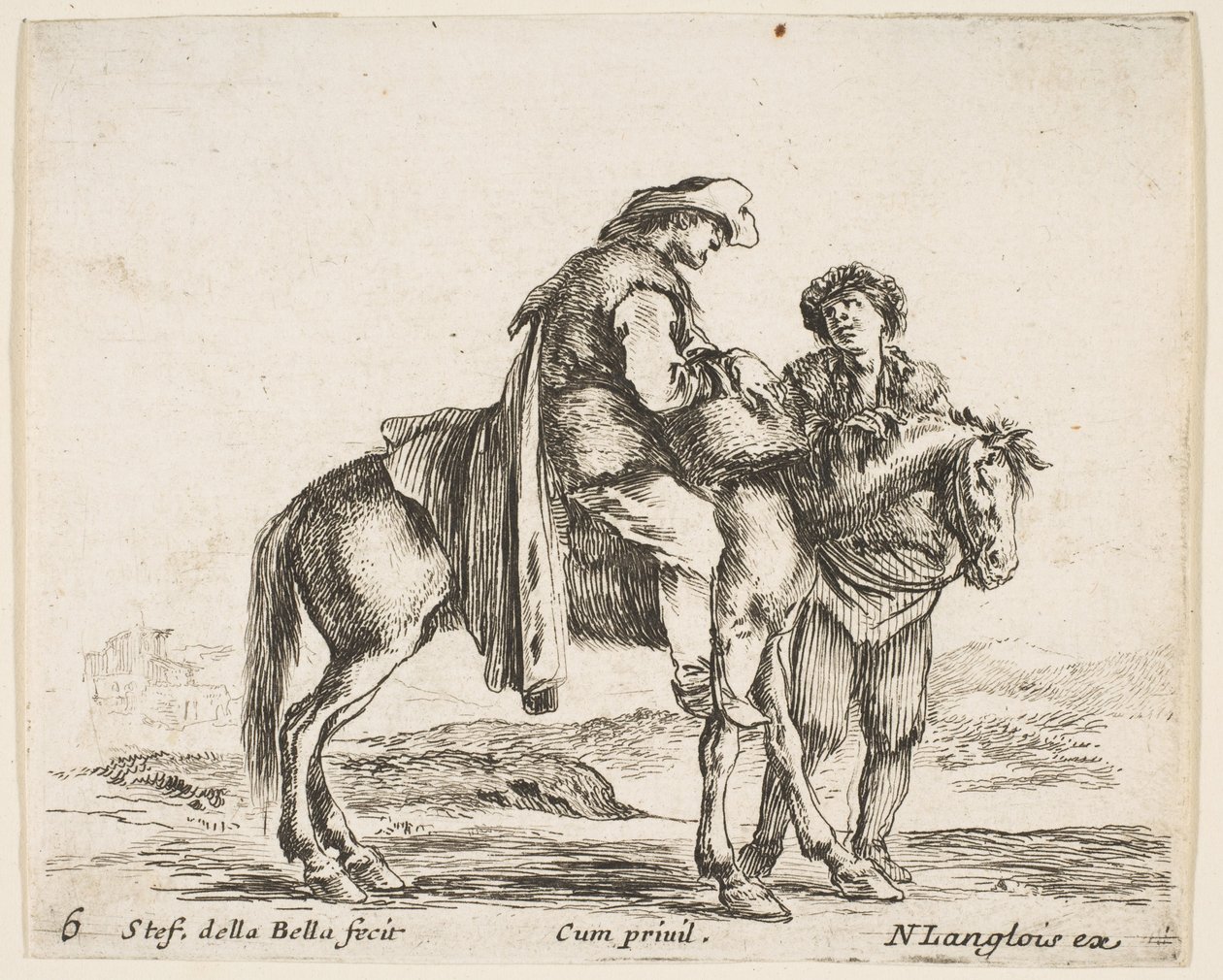 Plate 6: A Peasant on Horseback in Profile Facing the Right, Holding a Basket, ca. 1644-47 by Stefano della Bella