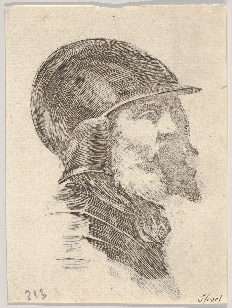 Head of an old bearded soldier wearing a helmet facing right, from Various heads by Stefano della Bella