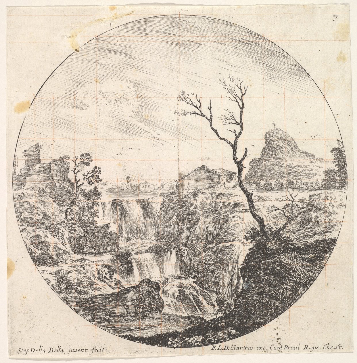 Plate 7: A Triple Waterfall, a Dead Tree to Right, a Mountain and a Herd of Cows by Stefano della Bella