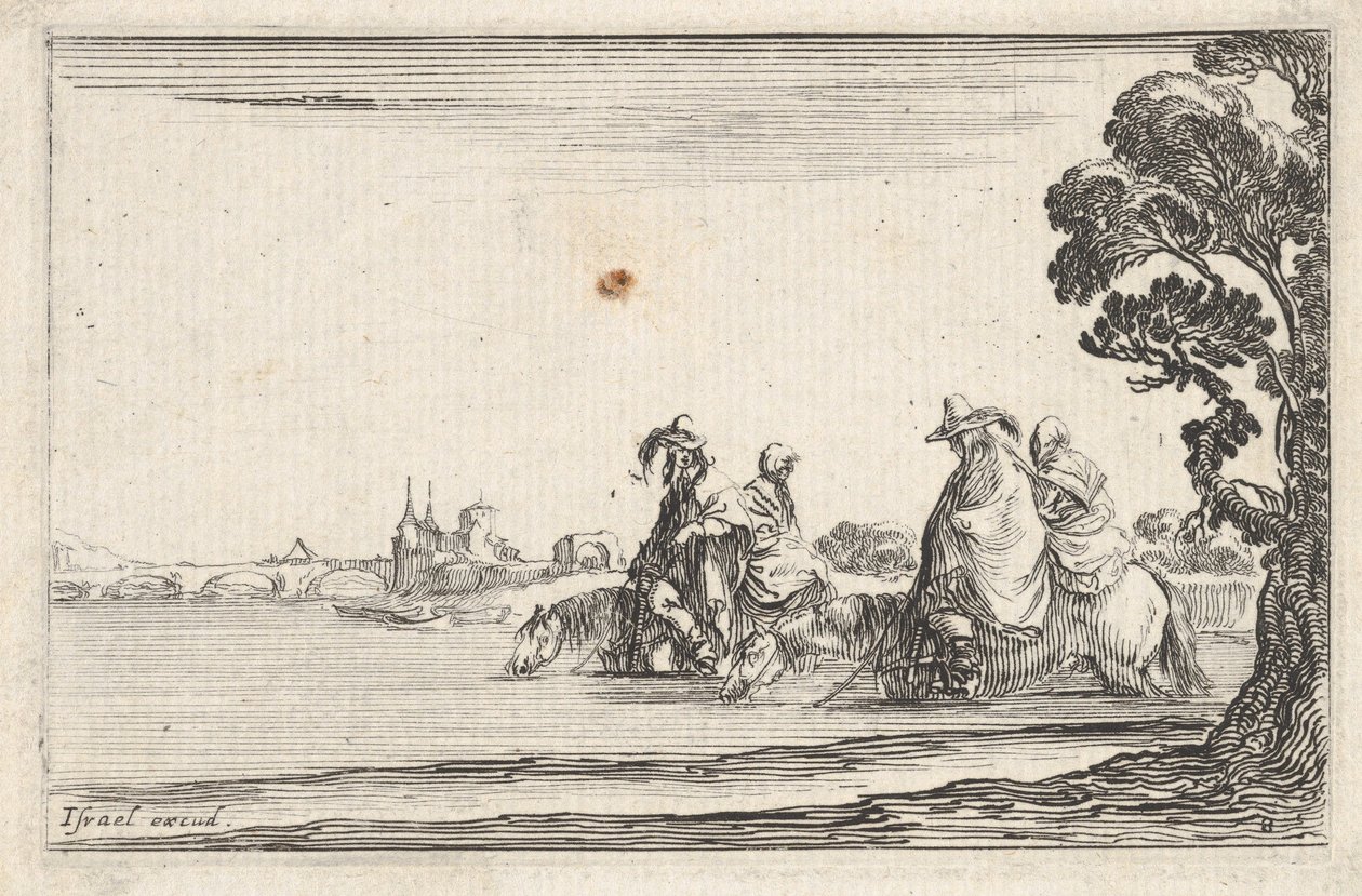 Plate 8: two horsemen in hats at right, each with a woman seated behind them, riding, ca. 1642 by Stefano della Bella