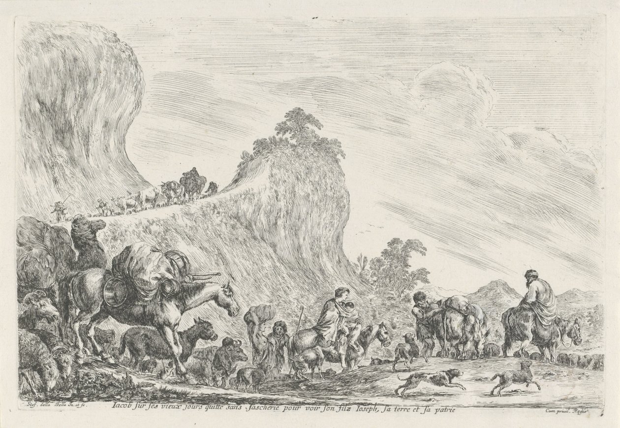 Journey of Jacob to Egypt (Iacob sur ses vieux jours quitte sans fascherie pour son filz Ioseph, se terre et sa patrie) by Stefano della Bella