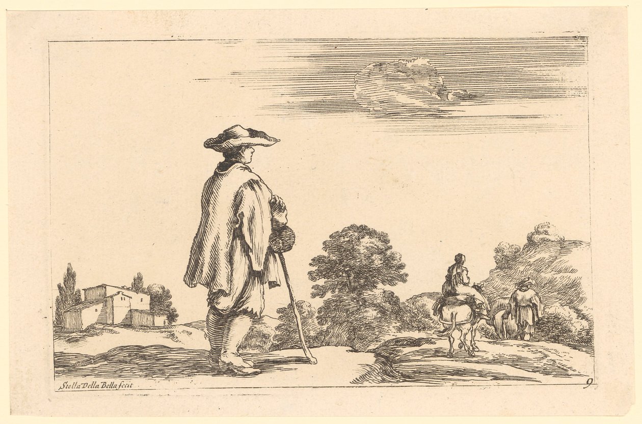 Traveler in Side Back View at a Farm, with a Riding Woman and a Man with Horse by Stefano della Bella