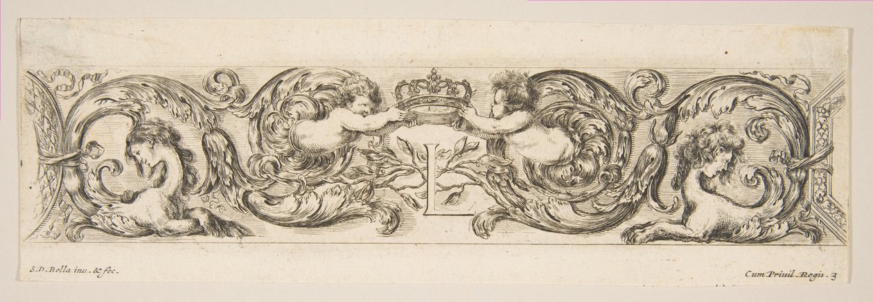 Rinceaux with Two Children Holding a Royal Crown Over the Letter L, Plate 3 by Stefano della Bella