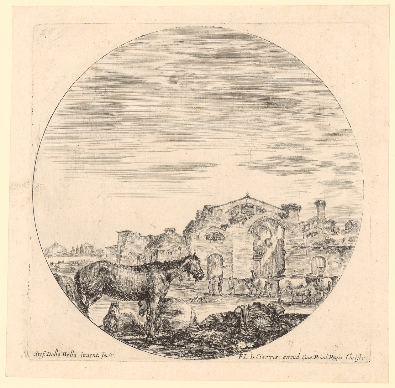 Resting Shepherd with Horses at the Baths of Diocletian by Stefano della Bella