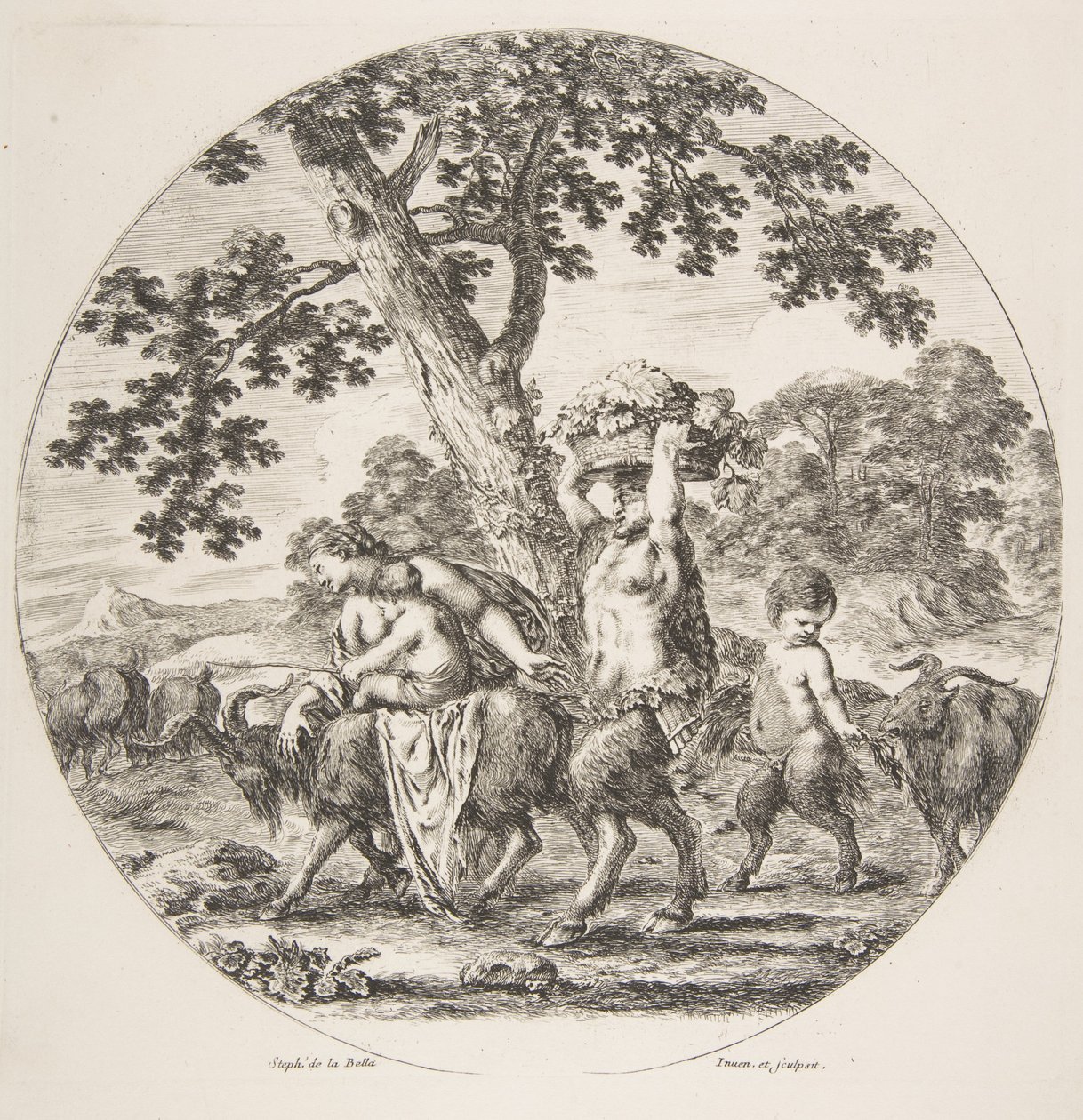 Satyr family walking towards the left with two goats and a basket of grapes by Stefano della Bella