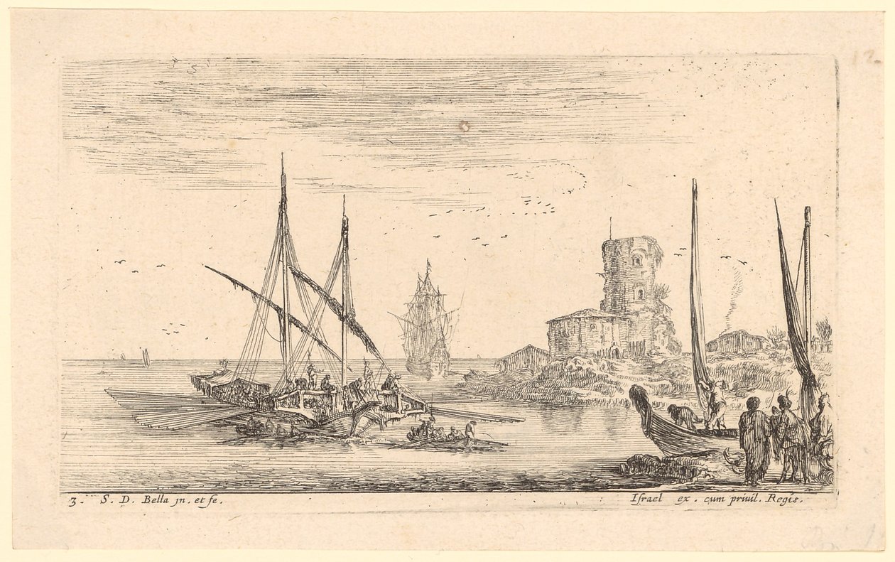 Seascape with Several Ships and Old Tower on the Beach by Stefano della Bella
