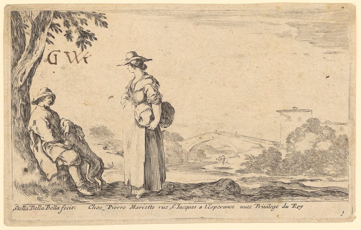 Seated Man with Dog by a Tree and Standing Woman with a Bundle by Stefano della Bella