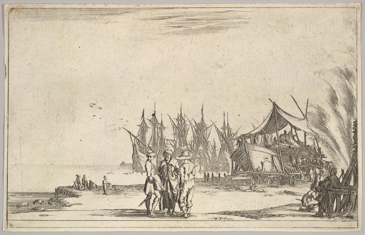 Three Men Wearing Hats Standing in Center, Men Fixing a Ship to Right, Five Ships and Various Figures by Stefano della Bella