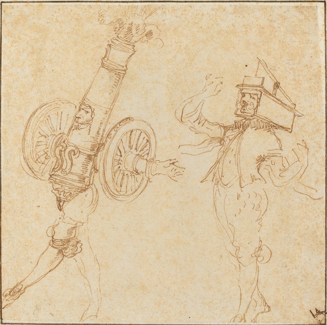 Two Men in Masquerade Costumes: A Cannon Firing and a Cat Inside a Mousetrap by Stefano della Bella