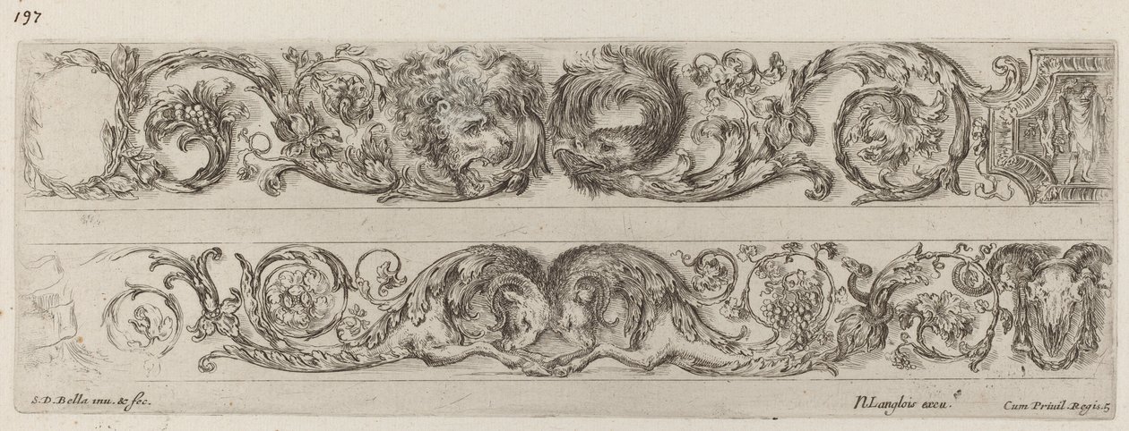 Two Ornamental Bands with Facing Heads of Lion and Eagle, and Two Rams by Stefano della Bella
