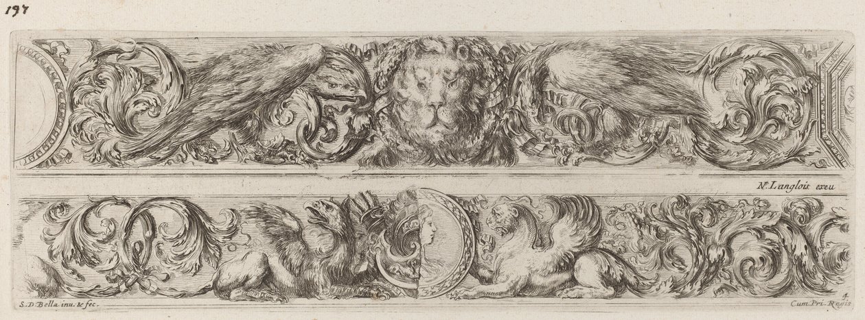 Two Ornamental Bands with Head of a Lion and Woman, probably 1648 by Stefano della Bella