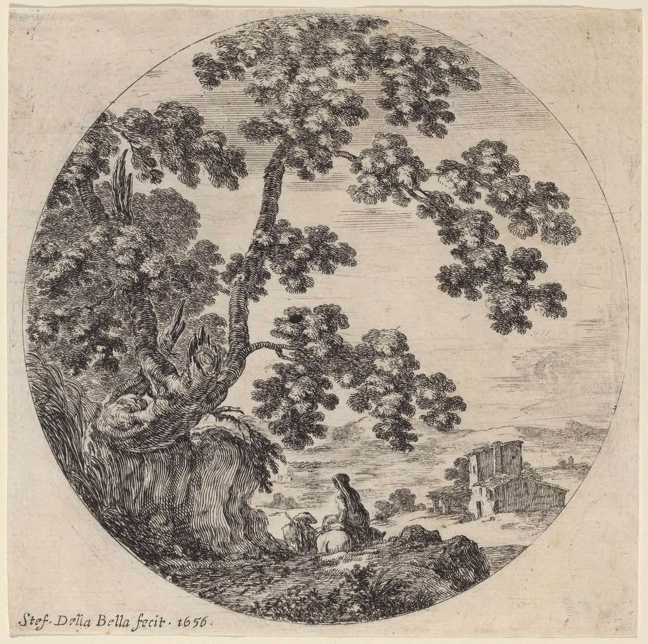 Two Travelers Passing by an Old Oak Tree by Stefano della Bella
