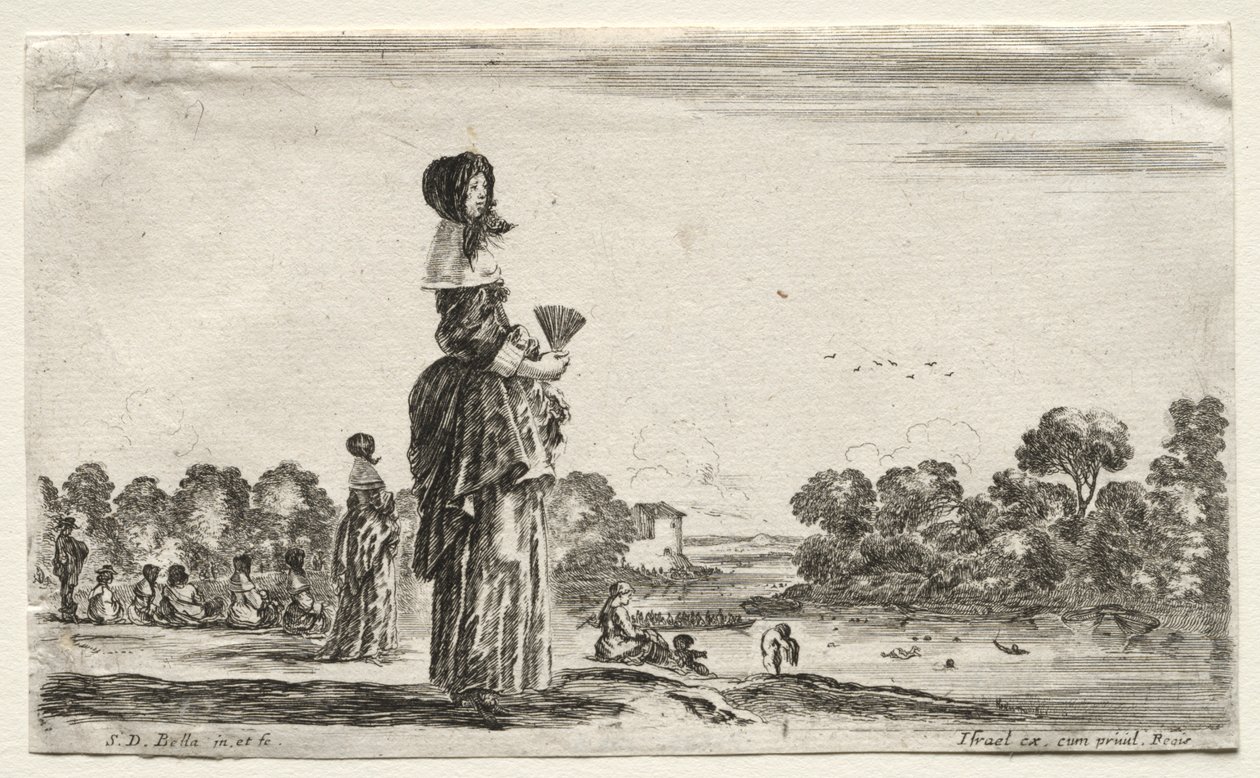 Various Figures and Landscapes: Women Watching Bathers along a River by Stefano della Bella